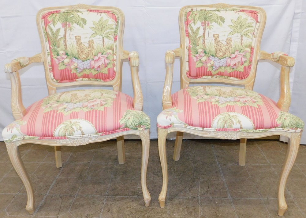 Pair of French Style Carved Wood & Upholstered Fauteuils: Pair of French Style Carved Wood & Upholstered Fauteuils. 35 1/2" H 24" W 20" D ALL DESCRIPTIONS AND ANY CONDITION STATEMENT GIVEN BY LANGSTON AUCTION GALLERY ARE STRICTLY OPINIONS AND LANGSTON'S SHAL