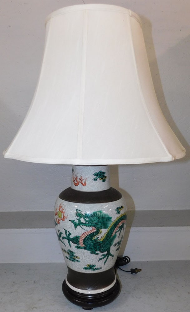 Painted Porcelain Crackleware Vase Made Into Lamp with Dragon Motif: Painted Porcelain Crackleware Vase Made Into Lamp with Dragon Motif. 33" H 21" Dia. ALL DESCRIPTIONS AND ANY CONDITION STATEMENT GIVEN BY LANGSTON AUCTION GALLERY ARE STRICTLY OPINIONS AND LANGSTON'S