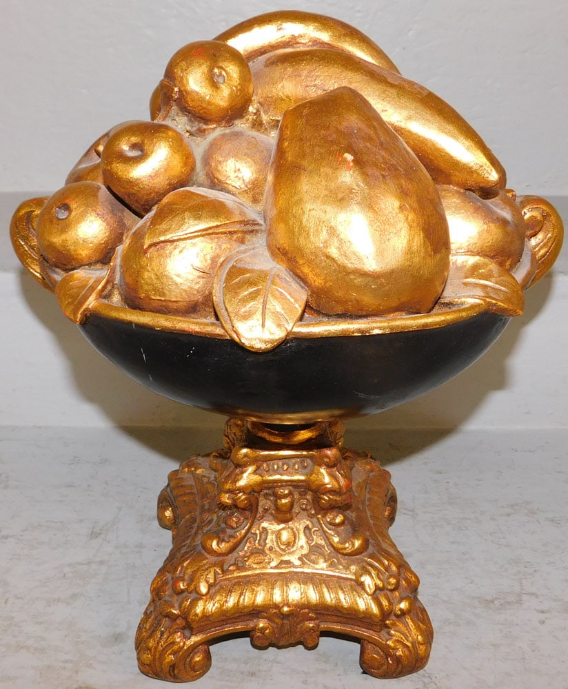 Gilded Ceramic Fruit Urn Centerpiece: Gilded Ceramic Fruit Urn Centerpiece . 14 1/2" H 12" W ALL DESCRIPTIONS AND ANY CONDITION STATEMENT GIVEN BY LANGSTON AUCTION GALLERY ARE STRICTLY OPINIONS AND LANGSTON'S SHALL HAVE NO RESPONSIBILITY