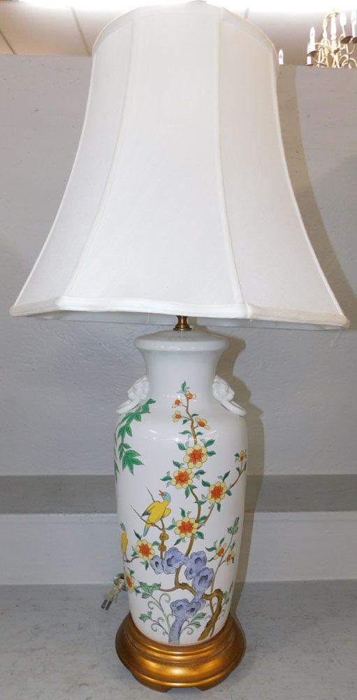 Painted Porcelain Oriental Vase Made Into Lamp with Bird Motif: Painted Porcelain Oriental Vase Made Into Lamp with Bird Motif. 37 1/2" H 18 1/2" Dia. ALL DESCRIPTIONS AND ANY CONDITION STATEMENT GIVEN BY LANGSTON AUCTION GALLERY ARE STRICTLY OPINIONS AND LANGSTON