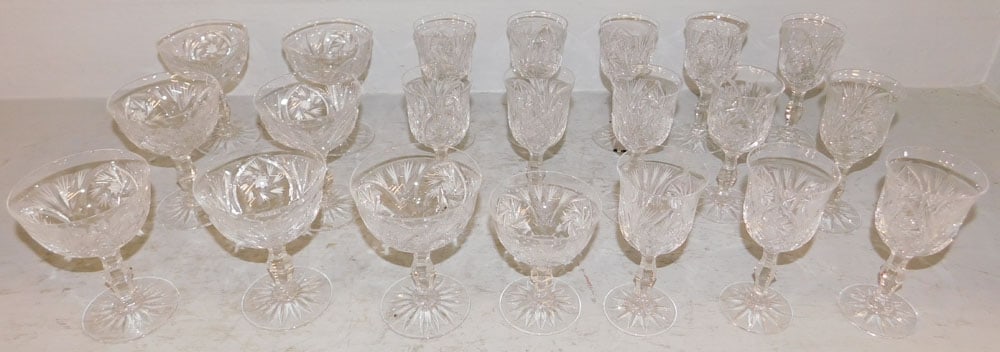 Twenty One Pieces of Cut Glass Stemware: Twenty One Pieces of Cut Glass Stemware. Up to 5 3/4" H 2 3/4" Dia. ALL DESCRIPTIONS AND ANY CONDITION STATEMENT GIVEN BY LANGSTON AUCTION GALLERY ARE STRICTLY OPINIONS AND LANGSTON'S SHALL HAVE NO