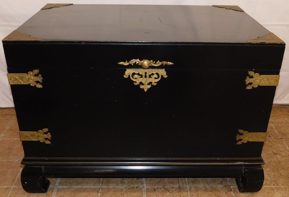 Oriental Black Lacquered & Brass Bound Box on Stand: Oriental Black Lacquered & Brass Bound Box on Stand . 21" H 30" W 20" D ALL DESCRIPTIONS AND ANY CONDITION STATEMENT GIVEN BY LANGSTON AUCTION GALLERY ARE STRICTLY OPINIONS AND LANGSTON'S SHALL HAVE N