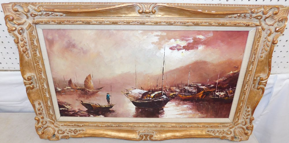 Framed Oil on Canvas Boat Dock Scene Artist Signed: Framed Oil on Canvas Boat Dock Scene Artist Signed . 22 1/2" x 36 1/2" ALL DESCRIPTIONS AND ANY CONDITION STATEMENT GIVEN BY LANGSTON AUCTION GALLERY ARE STRICTLY OPINIONS AND LANGSTON'S SHALL HAVE NO
