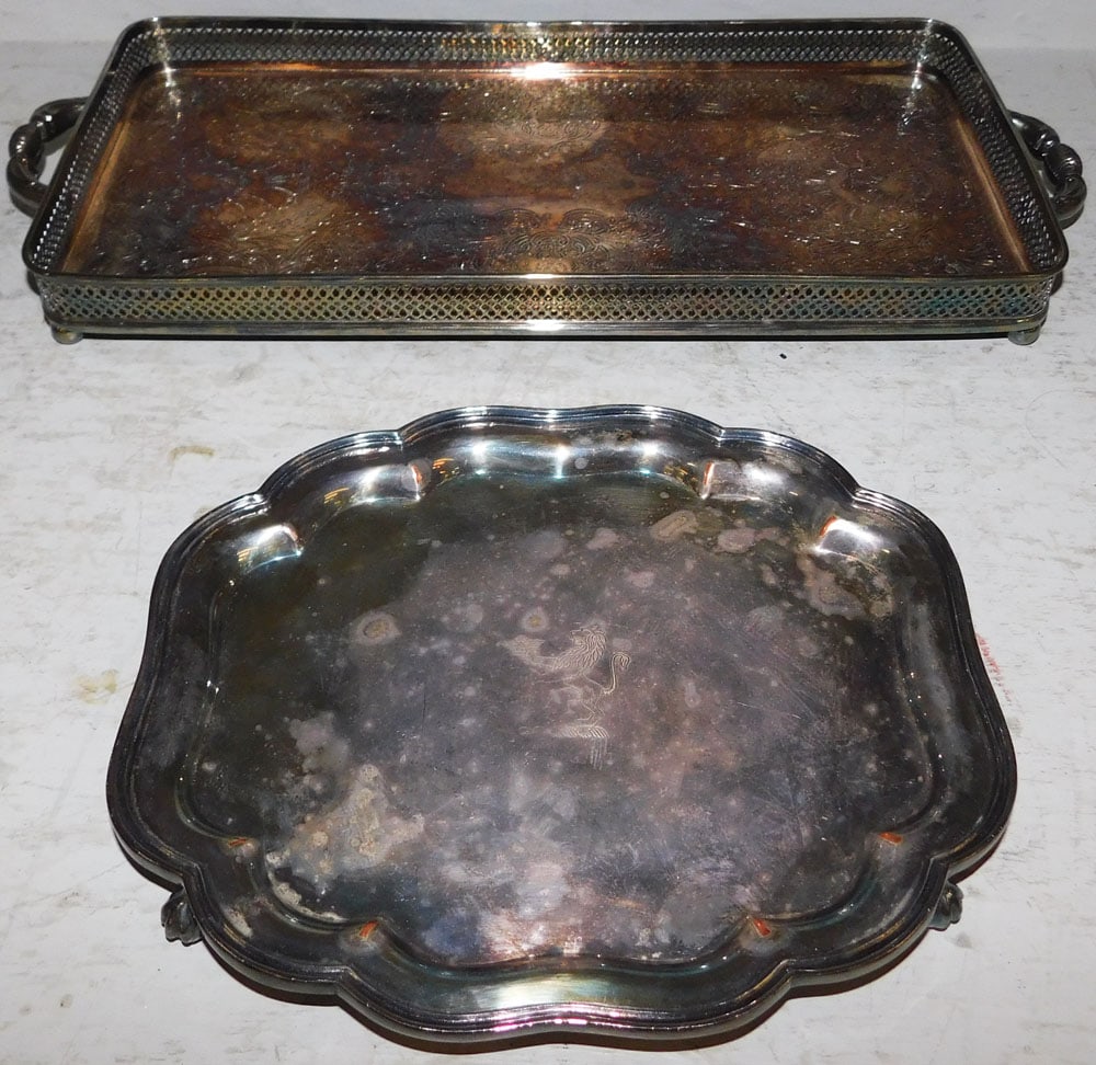 Silverplated Gallery Tray & Silver on Copper Salver: Silverplated Gallery Tray & Silver on Copper Salver . Up to 17" x 7 1/2" ALL DESCRIPTIONS AND ANY CONDITION STATEMENT GIVEN BY LANGSTON AUCTION GALLERY ARE STRICTLY OPINIONS AND LANGSTON'S SHALL HAVE