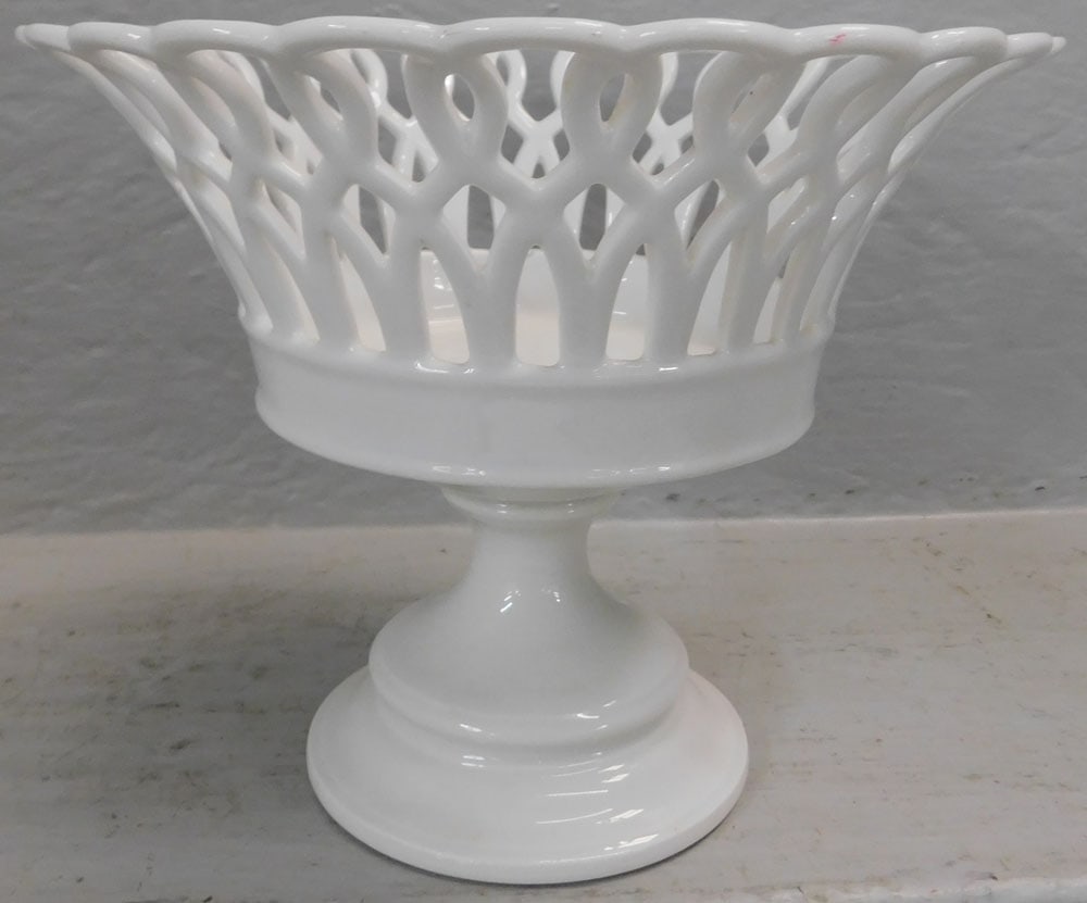 Porcelain Open Work Compote: Porcelain Open Work Compote . 7 1/2" H 9" Dia. ALL DESCRIPTIONS AND ANY CONDITION STATEMENT GIVEN BY LANGSTON AUCTION GALLERY ARE STRICTLY OPINIONS AND LANGSTON'S SHALL HAVE NO RESPONSIBILITY FOR