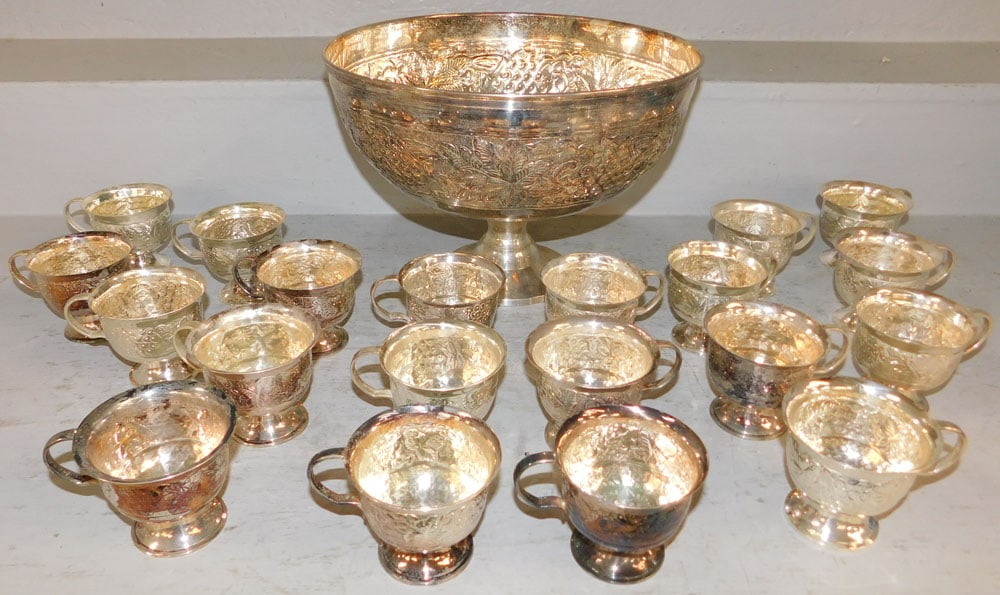 Silverplated Pedestal Grape & Cable Motif Punch Set with Twenty Cups: Silverplated Pedestal Grape & Cable Motif Punch Set with Twenty Cups. Up to 8 1/2" H 12 1/4" Dia. ALL DESCRIPTIONS AND ANY CONDITION STATEMENT GIVEN BY LANGSTON AUCTION GALLERY ARE STRICTLY OPINIONS