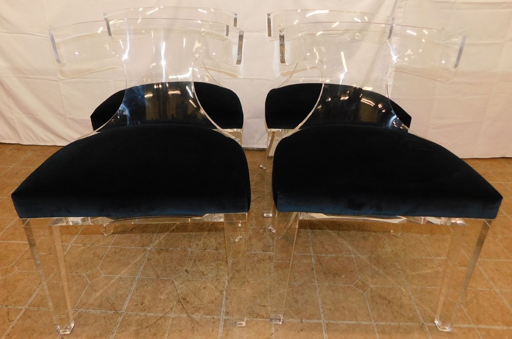 Set of Four Modern Lucite & Velvet Seat Dining Chairs, (Safavieh Couture Home): Set of Four Modern Lucite & Velvet Seat Dining Chairs, (Safavieh Couture Home). 31 1/4" H 22" W 21 1/2" D ALL DESCRIPTIONS AND ANY CONDITION STATEMENT GIVEN BY LANGSTON AUCTION GALLERY ARE STRICTLY