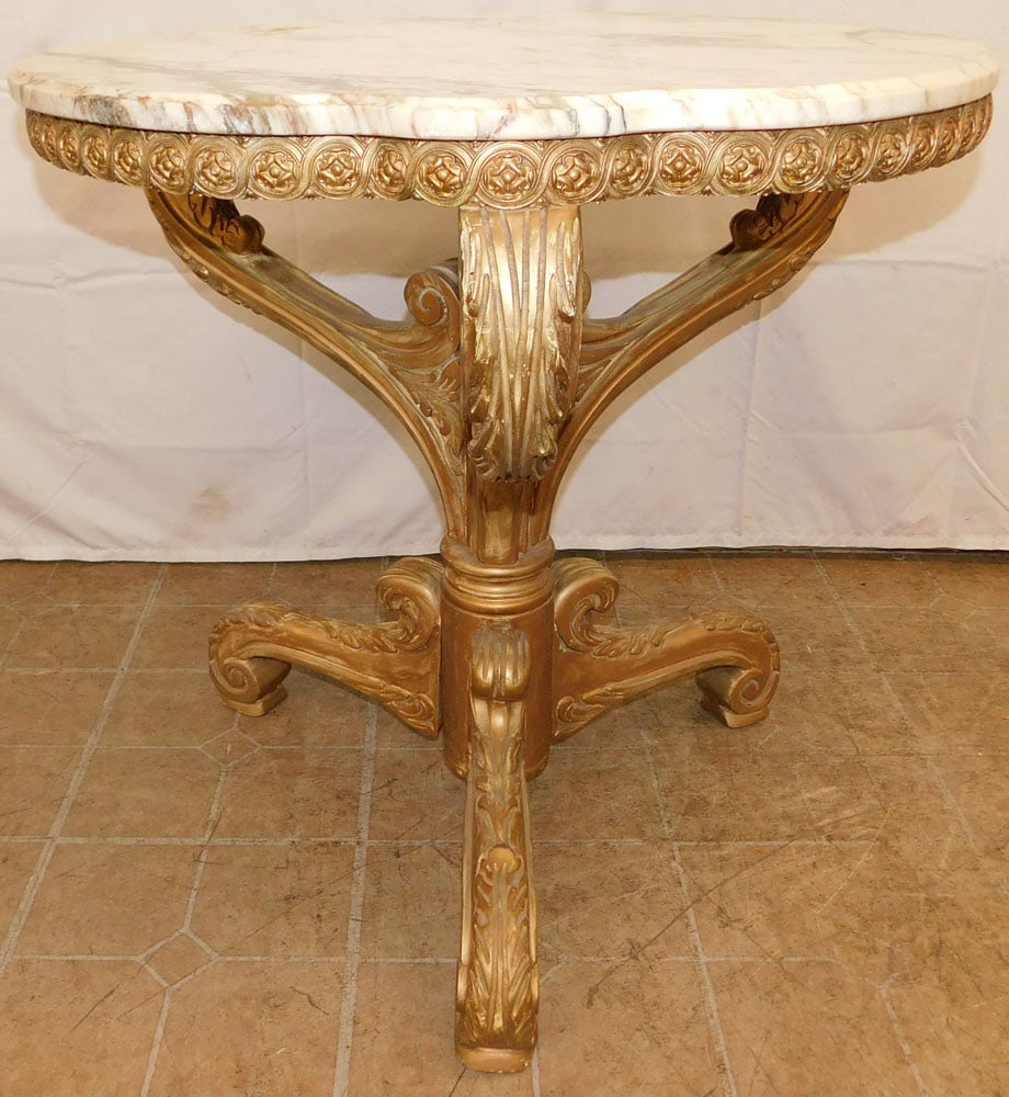 Painted Resin & Marble Top Lamp Table: Painted Resin & Marble Top Lamp Table . 29" H 29 1/4" Dia. ALL DESCRIPTIONS AND ANY CONDITION STATEMENT GIVEN BY LANGSTON AUCTION GALLERY ARE STRICTLY OPINIONS AND LANGSTON'S SHALL HAVE NO