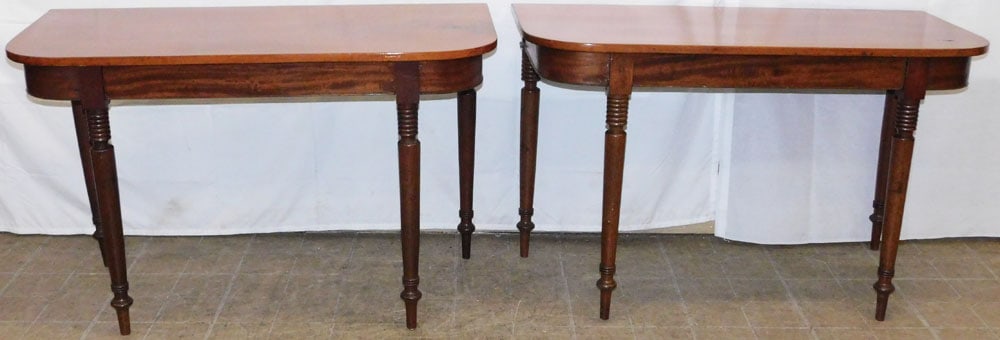 Pair of 19th Century Mahogany Sheraton Consoles: Pair of 19th Century Mahogany Sheraton Consoles . 28 3/4" H 46" W 21" D ALL DESCRIPTIONS AND ANY CONDITION STATEMENT GIVEN BY LANGSTON AUCTION GALLERY ARE STRICTLY OPINIONS AND LANGSTON'S SHALL HAVE