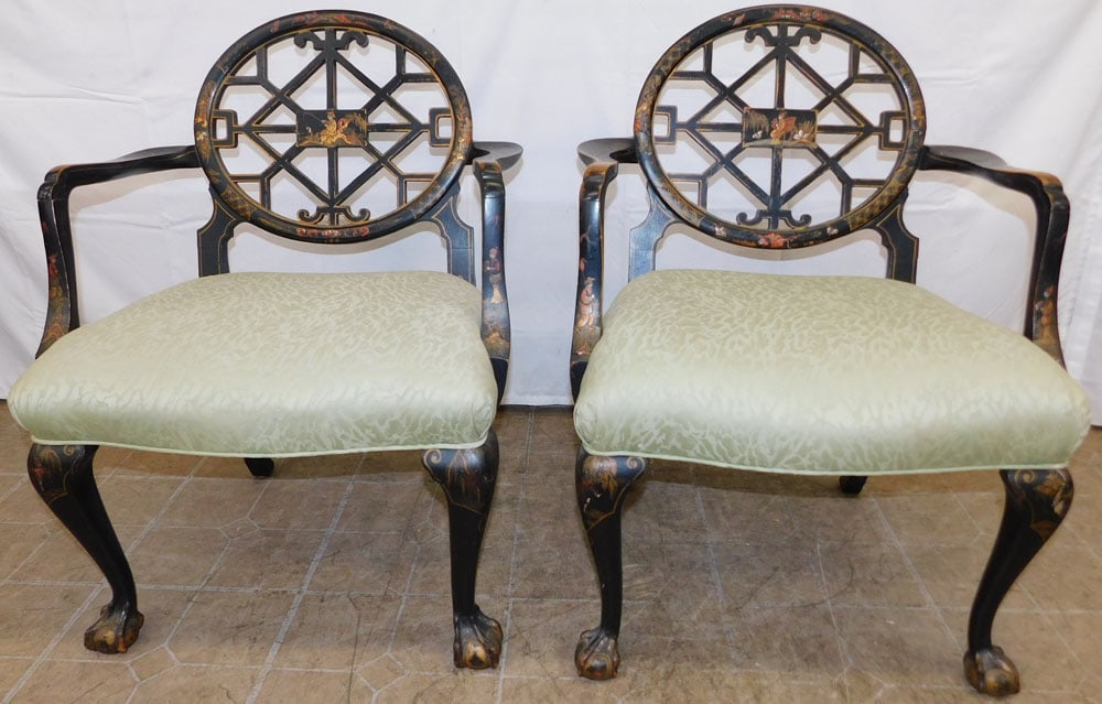 Pair of Chinoiserie Decorated Arm Chairs with Ball & Claw Feet: Pair of Chinoiserie Decorated Arm Chairs with Ball & Claw Feet. 31 1/4" H 23 1/2" W 19 1/2" D ALL DESCRIPTIONS AND ANY CONDITION STATEMENT GIVEN BY LANGSTON AUCTION GALLERY ARE STRICTLY OPINIONS AND L