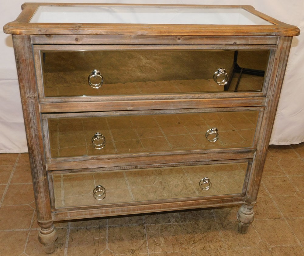 Modern Bleached Pine & Mirror Venetian Style Three Drawer Bed Side Chest: Modern Bleached Pine & Mirror Venetian Style Three Drawer Bed Side Chest . 33" H 33 3/4" W 15 1/2" D ALL DESCRIPTIONS AND ANY CONDITION STATEMENT GIVEN BY LANGSTON AUCTION GALLERY ARE STRICTLY OPINION
