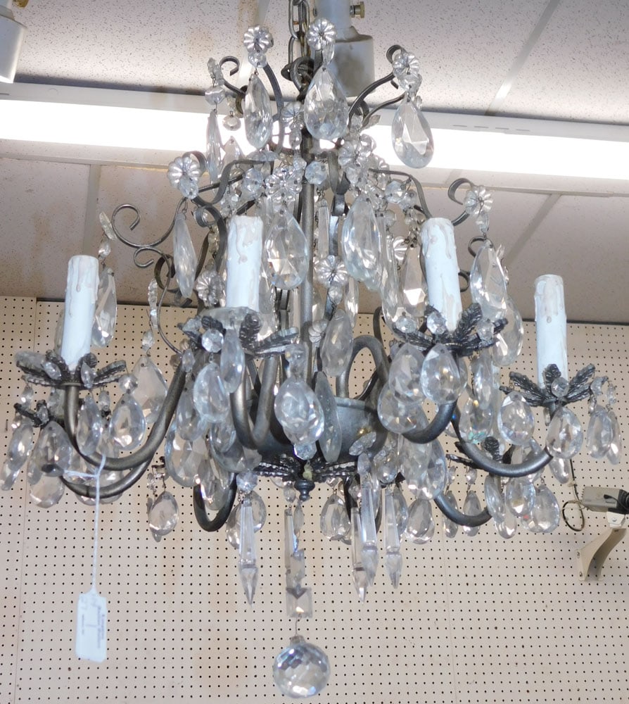 Gilded Metal & Crystal Prism Eight Light Chandelier: Gilded Metal & Crystal Prism Eight Light Chandelier . 20" H 17" Dia. ALL DESCRIPTIONS AND ANY CONDITION STATEMENT GIVEN BY LANGSTON AUCTION GALLERY ARE STRICTLY OPINIONS AND LANGSTON'S SHALL HAVE NO