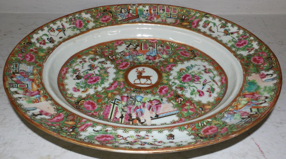19th Century Oval Rose Medallion Platter, (Has Chip): 19th Century Oval Rose Medallion Platter, (Has Chip). 15 1/4" x 13" ALL DESCRIPTIONS AND ANY CONDITION STATEMENT GIVEN BY LANGSTON AUCTION GALLERY ARE STRICTLY OPINIONS AND LANGSTON'S SHALL HAVE NO