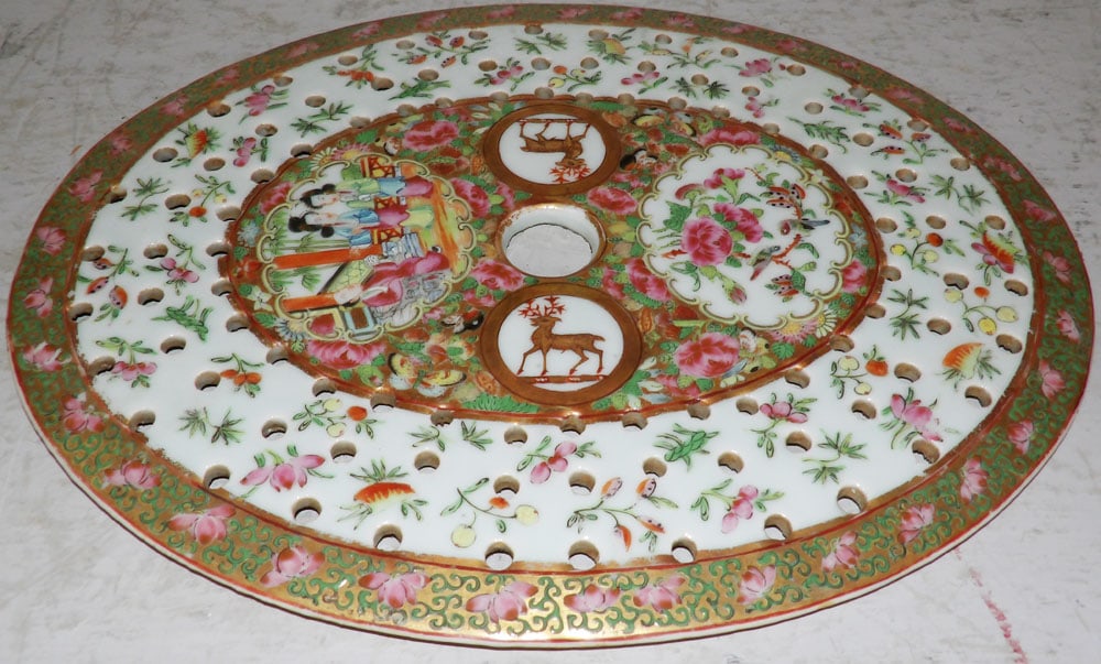 19th Century Rose Medallion Strainer: 19th Century Rose Medallion Strainer . 11 1/2" x 9 1/2" ALL DESCRIPTIONS AND ANY CONDITION STATEMENT GIVEN BY LANGSTON AUCTION GALLERY ARE STRICTLY OPINIONS AND LANGSTON'S SHALL HAVE NO