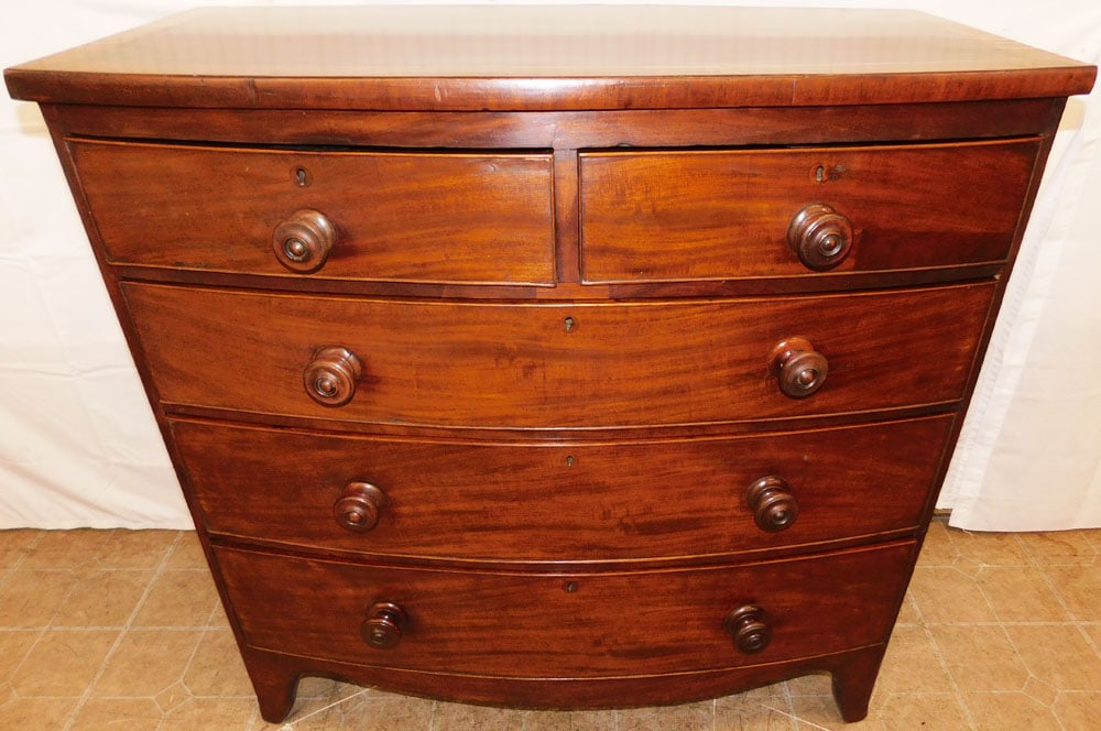 19th Century Bow Front Mahogany & Satin Wood Top Two Over Three Drawer Chest: 19th Century Bow Front Mahogany & Satin Wood Top Two Over Three Drawer Chest. 41" H 40 3/4" W 20 1/2" D ALL DESCRIPTIONS AND ANY CONDITION STATEMENT GIVEN BY LANGSTON AUCTION GALLERY ARE STRICTLY OPIN