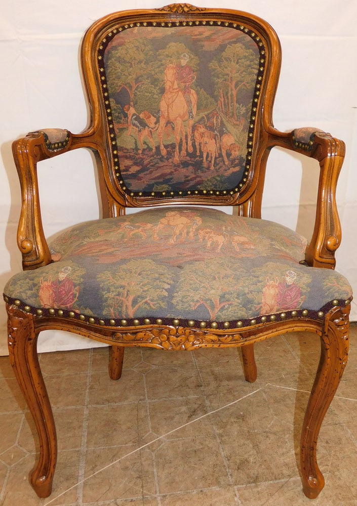 Carved Walnut Fauteuil with Fox Hunt Scene Upholstery by Chateau D'Ax: Carved Walnut Fauteuil with Fox Hunt Scene Upholstery by Chateau D'Ax. 37 1/4" H 23" W 21" D ALL DESCRIPTIONS AND ANY CONDITION STATEMENT GIVEN BY LANGSTON AUCTION GALLERY ARE STRICTLY OPINIONS AND