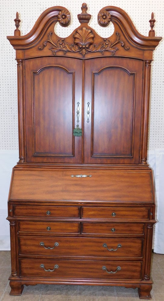 Two Piece Mahogany Slant Front Secretary by Broyhill Village Tapestry: Two Piece Mahogany Slant Front Secretary by Broyhill Village Tapestry . 90 1/4" H 45 1/4" W 20" D ALL DESCRIPTIONS AND ANY CONDITION STATEMENT GIVEN BY LANGSTON AUCTION GALLERY ARE STRICTLY OPINIONS A