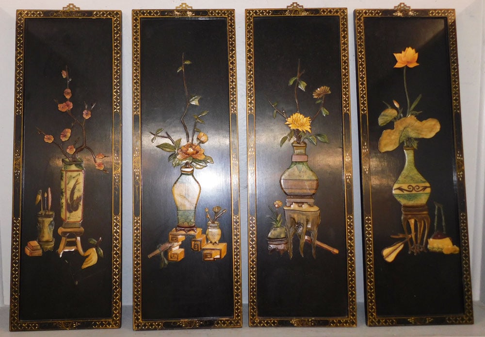 Set of Four Oriental Wall Panels with Carved Soapstone High Relief: Set of Four Oriental Wall Panels with Carved Soapstone High Relief. 37" x 12" each ALL DESCRIPTIONS AND ANY CONDITION STATEMENT GIVEN BY LANGSTON AUCTION GALLERY ARE STRICTLY OPINIONS AND LANGSTON'S S