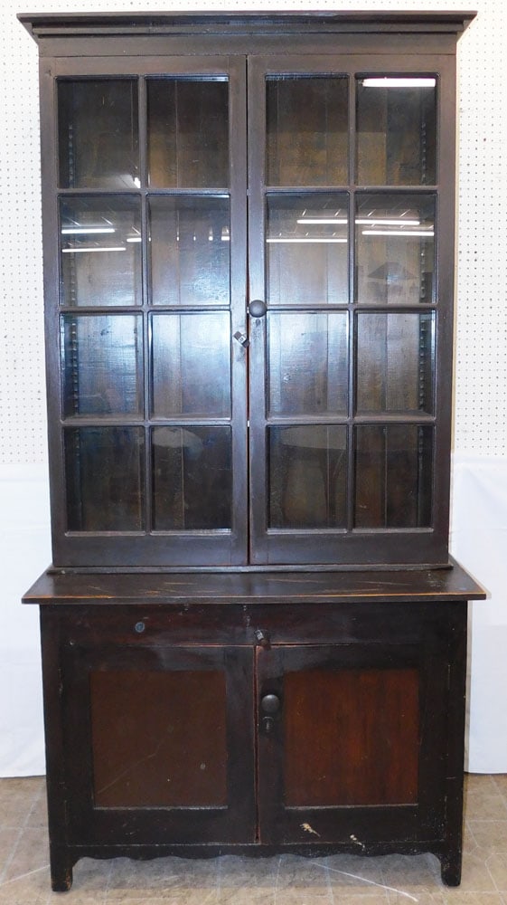 Antique Two Piece Painted Pine Step Back Cupboard: Antique Two Piece Painted Pine Step Back Cupboard . 92 1/4" H 47" W 20" D ALL DESCRIPTIONS AND ANY CONDITION STATEMENT GIVEN BY LANGSTON AUCTION GALLERY ARE STRICTLY OPINIONS AND LANGSTON'S SHALL HAVE