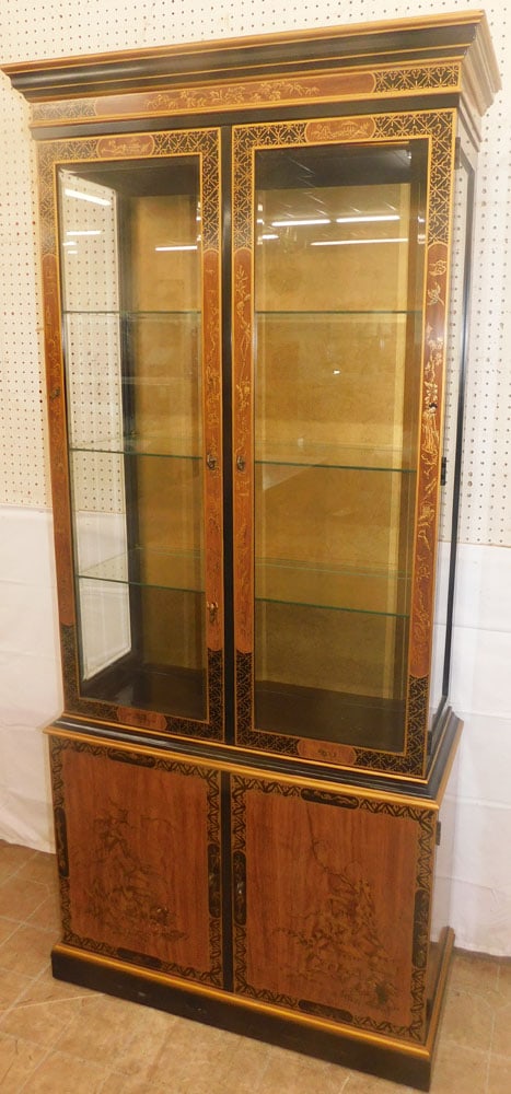 Black Lacquered Chinoiserie Decorated Bevel Edge Glass Curio Cabinet by Drexel: Black Lacquered Chinoiserie Decorated Bevel Edge Glass Curio Cabinet by Drexel. 80 1/4" H 35 3/4" W 15" D ALL DESCRIPTIONS AND ANY CONDITION STATEMENT GIVEN BY LANGSTON AUCTION GALLERY ARE STRICTLY