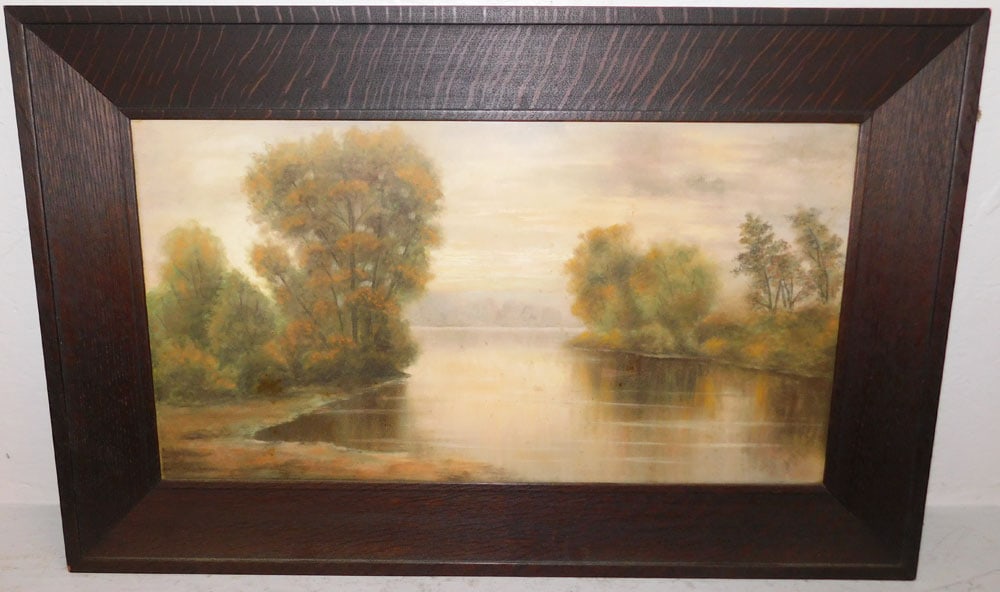 Antique Oak Framed Watercolor or Pastel of Lake Scene Artist Signed: Antique Oak Framed Watercolor or Pastel of Lake Scene Artist Signed. 19 1/2" x 30 1/2" ALL DESCRIPTIONS AND ANY CONDITION STATEMENT GIVEN BY LANGSTON AUCTION GALLERY ARE STRICTLY OPINIONS AND LANGSTON