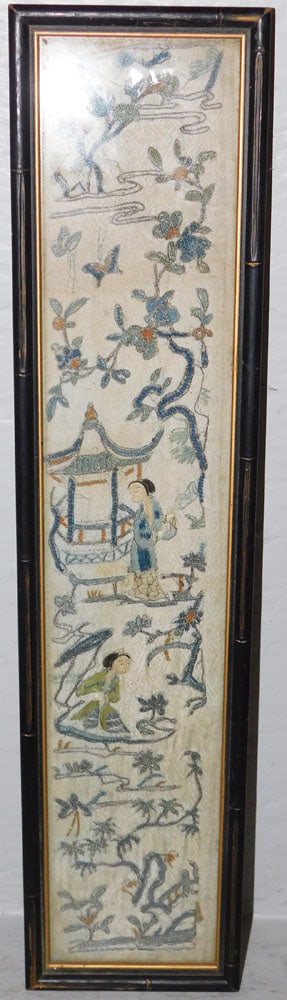 Framed Oriental Silk Embroidery in Faux Bamboo Frame: Framed Oriental Silk Embroidery in Faux Bamboo Frame . 20 1/2" x 4 3/4" ALL DESCRIPTIONS AND ANY CONDITION STATEMENT GIVEN BY LANGSTON AUCTION GALLERY ARE STRICTLY OPINIONS AND LANGSTON'S SHALL HAVE