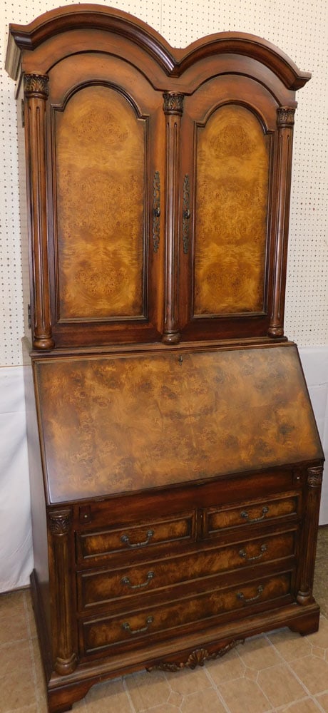 Two Piece Burled Walnut Slant Front Secretary with Fitted Interior: Two Piece Burled Walnut Slant Front Secretary with Fitted Interior. 92 1/2" H 42" W 24" D ALL DESCRIPTIONS AND ANY CONDITION STATEMENT GIVEN BY LANGSTON AUCTION GALLERY ARE STRICTLY OPINIONS AND