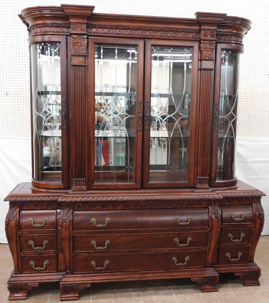 Two Piece Carved Mahogany China Cabinet by American Drew: Two Piece Carved Mahogany China Cabinet by American Drew. 80 1/4" H 75 1/2" W 21" D ALL DESCRIPTIONS AND ANY CONDITION STATEMENT GIVEN BY LANGSTON AUCTION GALLERY ARE STRICTLY OPINIONS AND LANGSTON'S