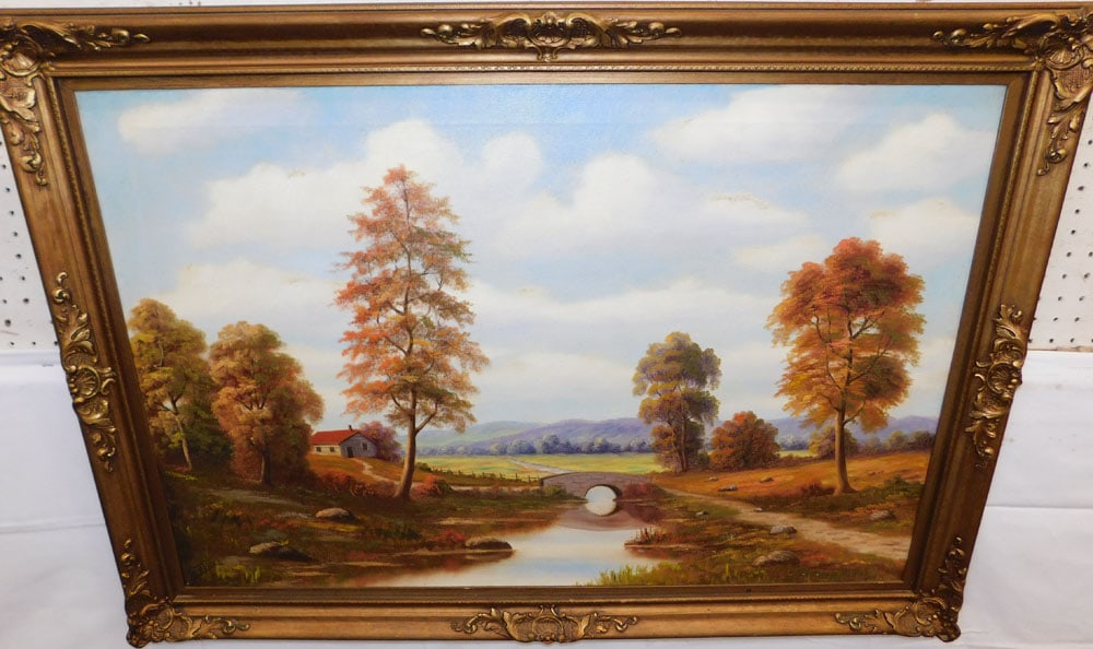 Framed Oil on Canvas Farm Scene Artist Signed: Framed Oil on Canvas Farm Scene Artist Signed . 29 1/2" x 41 1/2" ALL DESCRIPTIONS AND ANY CONDITION STATEMENT GIVEN BY LANGSTON AUCTION GALLERY ARE STRICTLY OPINIONS AND LANGSTON'S SHALL HAVE NO RESP
