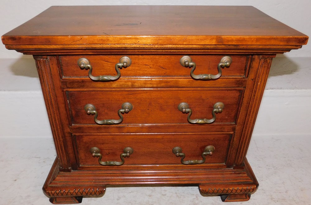 Miniature Cherry Three Drawer Chest with Fluted Columns Signed Herman Gaines: Miniature Cherry Three Drawer Chest with Fluted Columns Signed Herman Gaines. 14 1/4" H 17 1/2" W 9" D ALL DESCRIPTIONS AND ANY CONDITION STATEMENT GIVEN BY LANGSTON AUCTION GALLERY ARE STRICTLY
