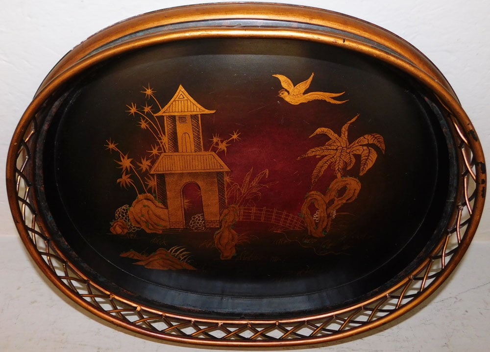 Oval Oriental Chinoiserie Decorated Gallery Tray: Oval Oriental Chinoiserie Decorated Gallery Tray. 21 1/2" x 16 3/4" ALL DESCRIPTIONS AND ANY CONDITION STATEMENT GIVEN BY LANGSTON AUCTION GALLERY ARE STRICTLY OPINIONS AND LANGSTON'S SHALL HAVE NO