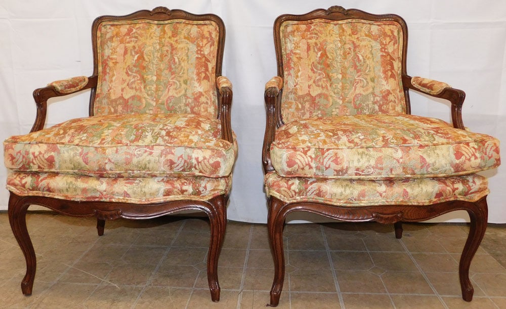 Carved Oak & Upholstered Fauteuils: Carved Oak & Upholstered Fauteuils . 36 3/4" H 27" W 26" D ALL DESCRIPTIONS AND ANY CONDITION STATEMENT GIVEN BY LANGSTON AUCTION GALLERY ARE STRICTLY OPINIONS AND LANGSTON'S SHALL HAVE NO
