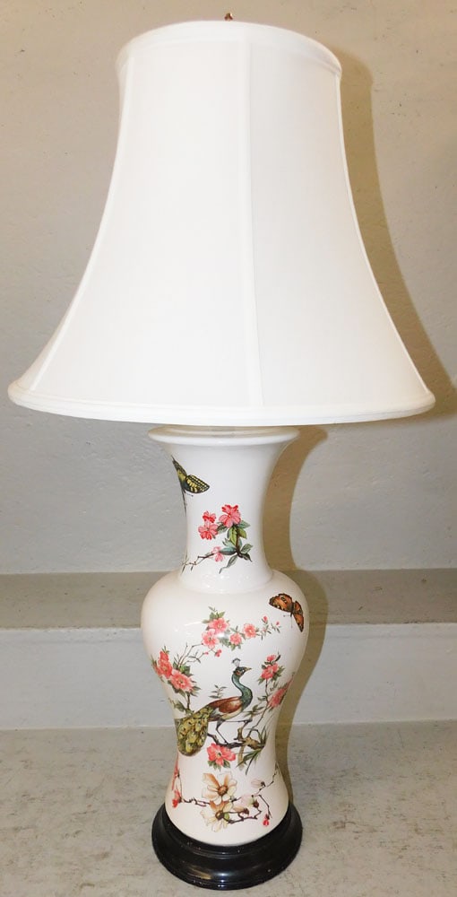 Painted Porcelain Urn Form Lamp with Peacock & Butterfly Motif: Painted Porcelain Urn Form Lamp with Peacock & Butterfly Motif. 32 3/4" H 16 1/2" Dia. ALL DESCRIPTIONS AND ANY CONDITION STATEMENT GIVEN BY LANGSTON AUCTION GALLERY ARE STRICTLY OPINIONS AND