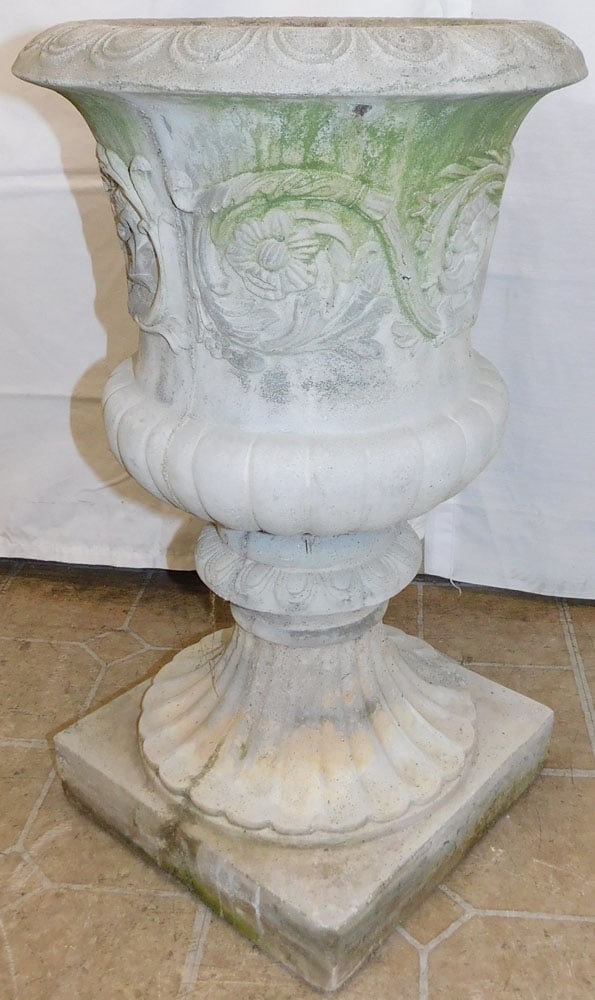 Cast Concrete Urn Planter: Cast Concrete Urn Planter . 23 3/4" H 14 1/4" Dia. ALL DESCRIPTIONS AND ANY CONDITION STATEMENT GIVEN BY LANGSTON AUCTION GALLERY ARE STRICTLY OPINIONS AND LANGSTON'S SHALL HAVE NO RESPONSIBILITY FOR 