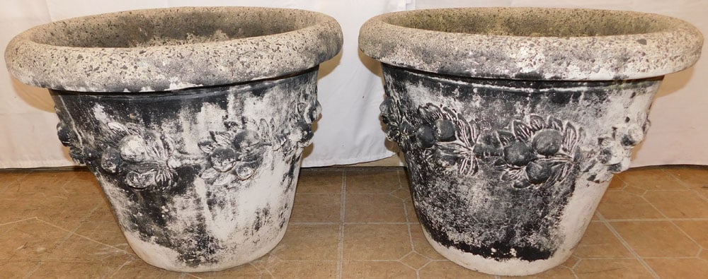 Pair of Cast Concrete Planters: Pair of Cast Concrete Planters . 18 1/4" H 23 1/2" Dia. ALL DESCRIPTIONS AND ANY CONDITION STATEMENT GIVEN BY LANGSTON AUCTION GALLERY ARE STRICTLY OPINIONS AND LANGSTON'S SHALL HAVE NO