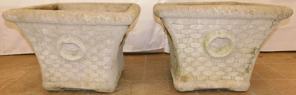 Pair of Cast Concrete Planters: Pair of Cast Concrete Planters . 18 1/2" H 25" Dia. ALL DESCRIPTIONS AND ANY CONDITION STATEMENT GIVEN BY LANGSTON AUCTION GALLERY ARE STRICTLY OPINIONS AND LANGSTON'S SHALL HAVE NO RESPONSIBILITY FOR