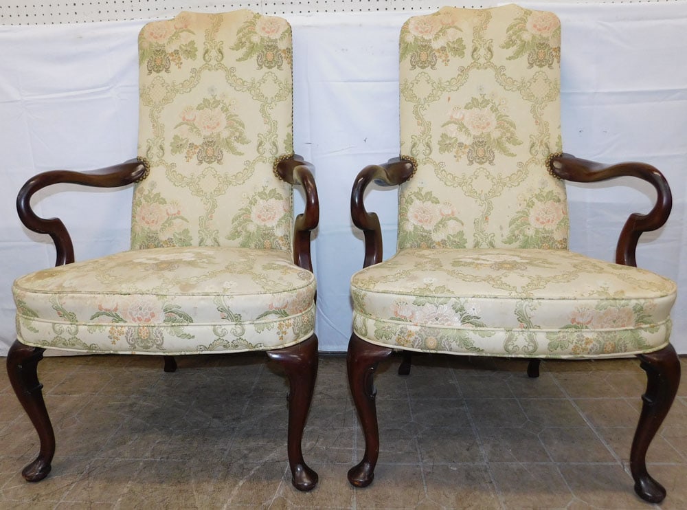 Pair of Mahogany & Silk Upholstered Queen Anne Style Arm Chairs: Pair of Mahogany & Silk Upholstered Queen Anne Style Arm Chairs . 43" H 26" W 26" D ALL DESCRIPTIONS AND ANY CONDITION STATEMENT GIVEN BY LANGSTON AUCTION GALLERY ARE STRICTLY OPINIONS AND LANGSTON'S