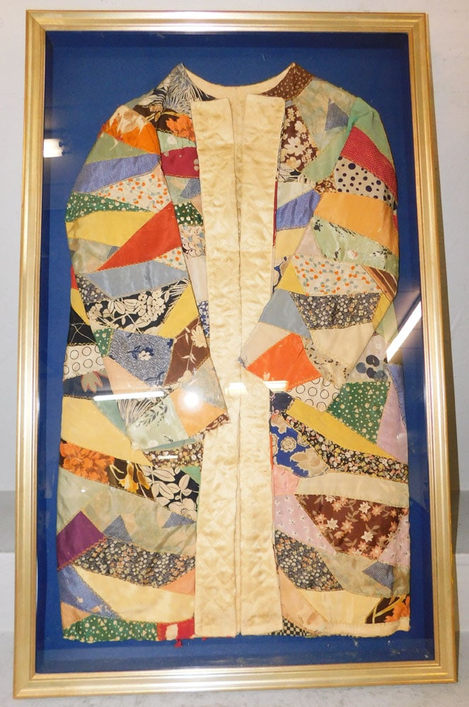 Antique Hand Made Ladies Silk Coat in Enclosed Frame with Labeled Family Provenance: Antique Hand Made Ladies Silk Coat in Enclosed Frame with Labeled Family Provenance . 42" x 25 3/4" ALL DESCRIPTIONS AND ANY CONDITION STATEMENT GIVEN BY LANGSTON AUCTION GALLERY ARE STRICTLY