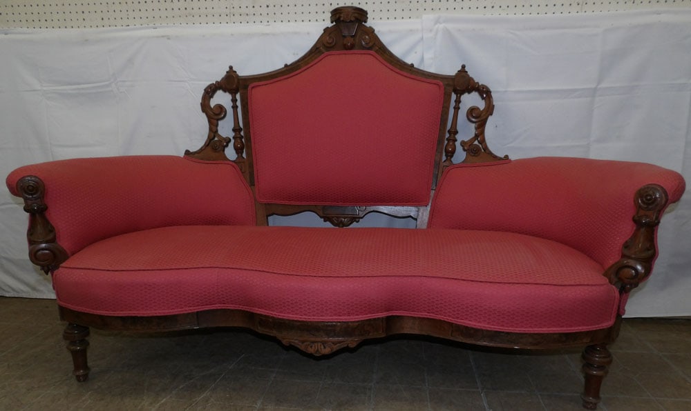 Antique Carved Walnut Victorian Upholstered Sofa: Antique Carved Walnut Victorian Upholstered Sofa . 44 1/2" H 69" W 26" D ALL DESCRIPTIONS AND ANY CONDITION STATEMENT GIVEN BY LANGSTON AUCTION GALLERY ARE STRICTLY OPINIONS AND LANGSTON'S SHALL HAVE 