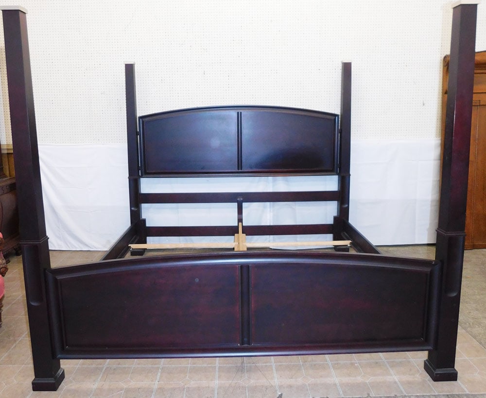 Modern Cherry King Size Bed with Rails: Modern Cherry King Size Bed with Rails . 72 1/4" H 83" W ALL DESCRIPTIONS AND ANY CONDITION STATEMENT GIVEN BY LANGSTON AUCTION GALLERY ARE STRICTLY OPINIONS AND LANGSTON'S SHALL HAVE NO RESPONSIBILIT