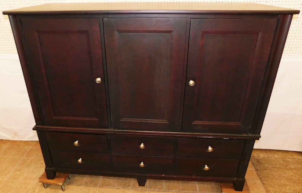 Two Piece Cherry Modern Cabinet: Two Piece Cherry Modern Cabinet . 57 1/2" H 68 1/4" W 25 1/4" D ALL DESCRIPTIONS AND ANY CONDITION STATEMENT GIVEN BY LANGSTON AUCTION GALLERY ARE STRICTLY OPINIONS AND LANGSTON'S SHALL HAVE NO RESPON