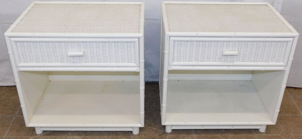 Pair of Modern Painted Wicker & Faux Bamboo One Drawer Night Stands: Pair of Modern Painted Wicker & Faux Bamboo One Drawer Night Stands . 22" H 22" W 14 3/4" D ALL DESCRIPTIONS AND ANY CONDITION STATEMENT GIVEN BY LANGSTON AUCTION GALLERY ARE STRICTLY OPINIONS AND