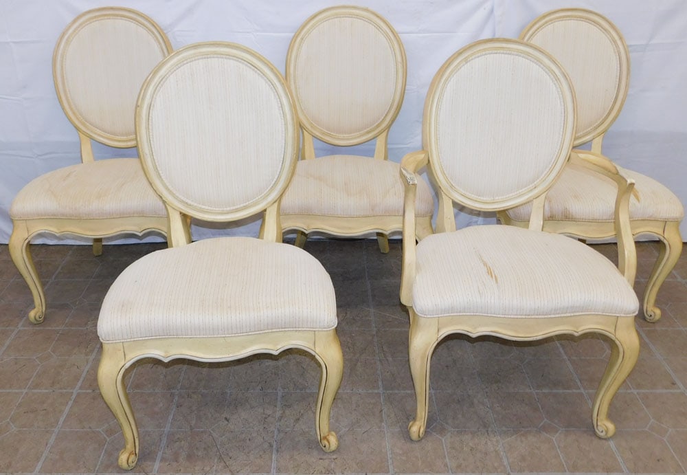Set of Five Painted Wood & Upholstered Dining Chairs by White Furniture Co.: Set of Five Painted Wood & Upholstered Dining Chairs by White Furniture Co.. 38 1/2" H 24" W 21" D ALL DESCRIPTIONS AND ANY CONDITION STATEMENT GIVEN BY LANGSTON AUCTION GALLERY ARE STRICTLY OPINIONS 