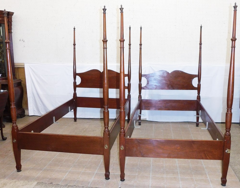 Pair of Mahogany Four Post Twin Beds with Bolts & Rails by Biggs: Pair of Mahogany Four Post Twin Beds with Bolts & Rails by Biggs. 69 1/2" H 42 1/2" W ALL DESCRIPTIONS AND ANY CONDITION STATEMENT GIVEN BY LANGSTON AUCTION GALLERY ARE STRICTLY OPINIONS AND LANGSTON'