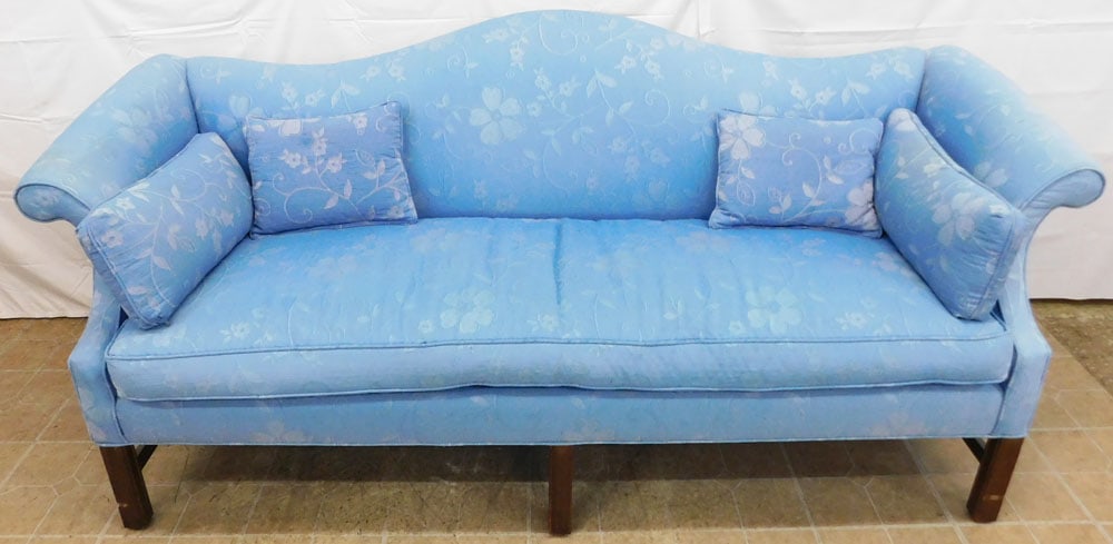 Upholstered Camel Back Chippendale Style Sofa: Upholstered Camel Back Chippendale Style Sofa . 37" H 84 1/2" W 30" D ALL DESCRIPTIONS AND ANY CONDITION STATEMENT GIVEN BY LANGSTON AUCTION GALLERY ARE STRICTLY OPINIONS AND LANGSTON'S SHALL HAVE NO