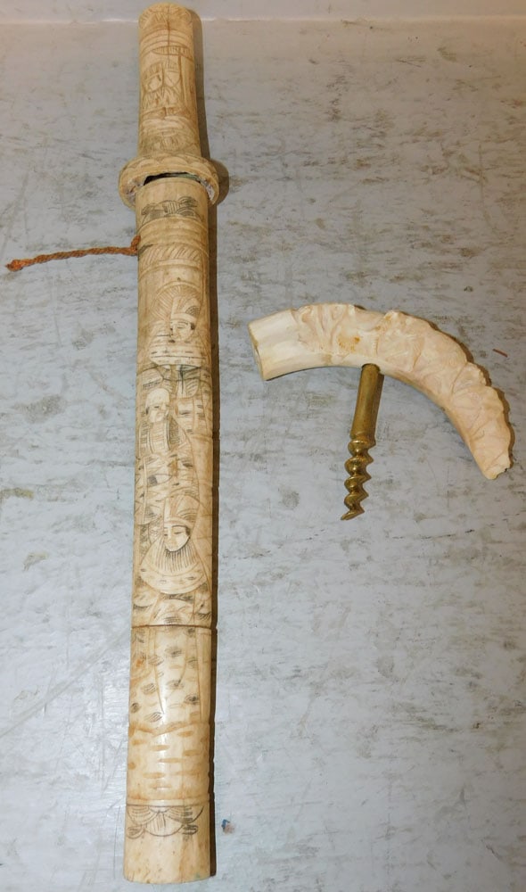 Carved Bone Handle & Sheath Knife & Bone Handle Cork Opener: Carved Bone Handle & Sheath Knife & Bone Handle Cork Opener. Up to 15 1/4" L ALL DESCRIPTIONS AND ANY CONDITION STATEMENT GIVEN BY LANGSTON AUCTION GALLERY ARE STRICTLY OPINIONS AND LANGSTON'S SHALL H