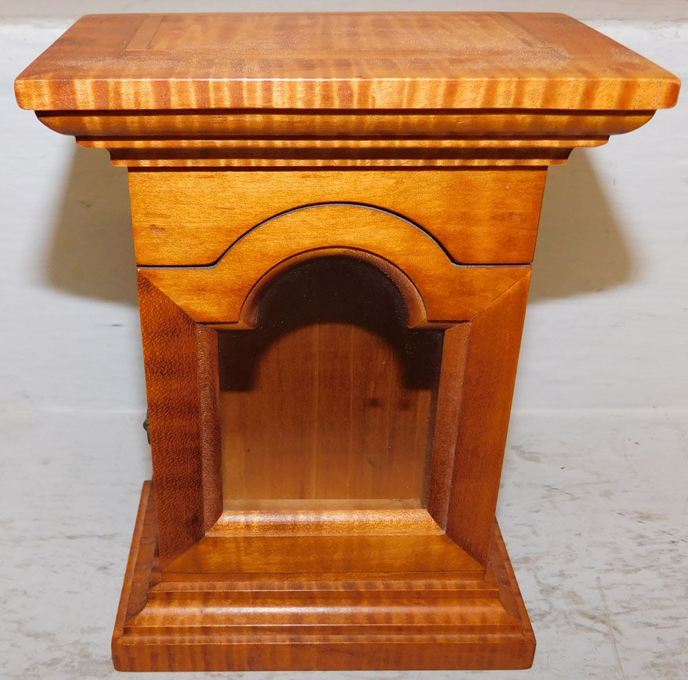 Bench Made Tiger Maple Pocket Watch Case: Bench Made Tiger Maple Pocket Watch Case. 6 1/2" H 5" W 3" D ALL DESCRIPTIONS AND ANY CONDITION STATEMENT GIVEN BY LANGSTON AUCTION GALLERY ARE STRICTLY OPINIONS AND LANGSTON'S SHALL HAVE NO