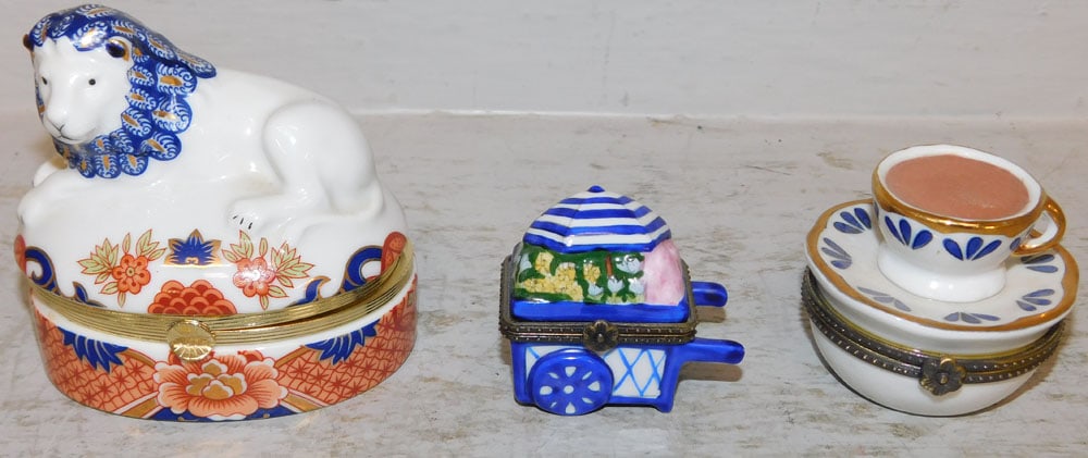 Three Painted Porcelain Battersea Boxes: Three Painted Porcelain Battersea Boxes. Up to 3 1/2" Dia. ALL DESCRIPTIONS AND ANY CONDITION STATEMENT GIVEN BY LANGSTON AUCTION GALLERY ARE STRICTLY OPINIONS AND LANGSTON'S SHALL HAVE NO