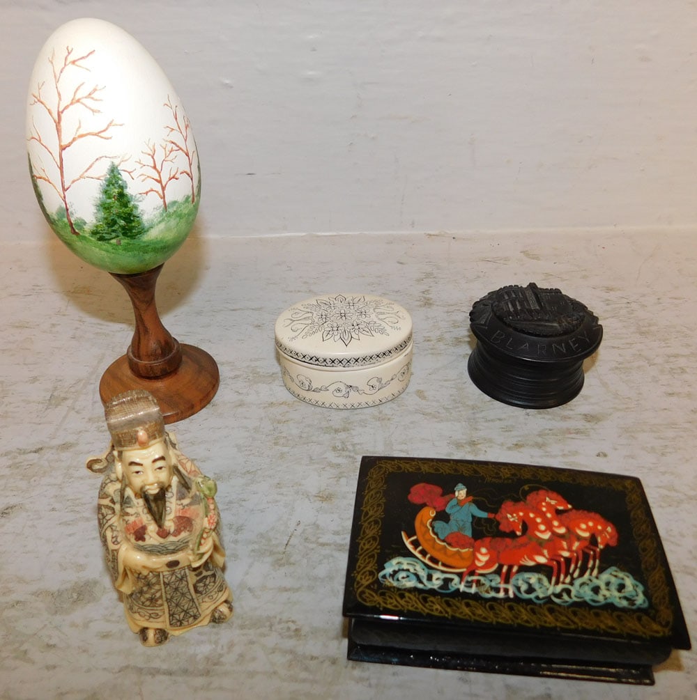 Painted Russian Box, Two Resin Boxes, Bone Figure, & Painted Egg: Painted Russian Box, Two Resin Boxes, Bone Figure, & Painted Egg. Up to 6" H ALL DESCRIPTIONS AND ANY CONDITION STATEMENT GIVEN BY LANGSTON AUCTION GALLERY ARE STRICTLY OPINIONS AND LANGSTON'S SHALL H