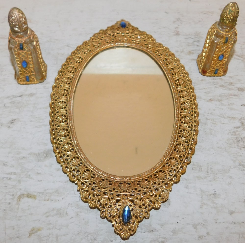 Gilded Metal Dresser Tray with Stone Inserts & Scent Bottles: Gilded Metal Dresser Tray with Stone Inserts & Scent Bottles . 10 1/4" x 5 3/4" ALL DESCRIPTIONS AND ANY CONDITION STATEMENT GIVEN BY LANGSTON AUCTION GALLERY ARE STRICTLY OPINIONS AND LANGSTON'S